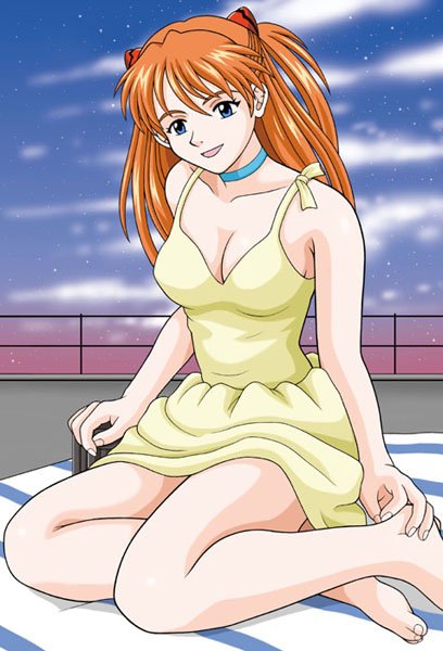 souryuu asuka langley, neon genesis evangelion, 1girl, bare legs, barefoot, blue eyes, choker, dress, female focus, orange hair, outdoors, sitting, solo, yellow dress
