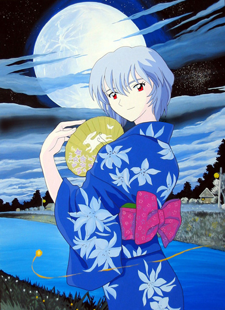 ayanami rei, neon genesis evangelion, third-party edit, japanese clothes, kimono, moon