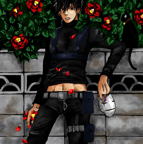 hei (darker than black), mao (darker than black), darker than black, wall, lowres, 00s, 1boy, animal, belt, black cat, black eyes, black hair, black pants, black shirt, cat, collar, flower, leaning, male focus, mask, midriff, pants, plant, shirt, sitting, solo, standing