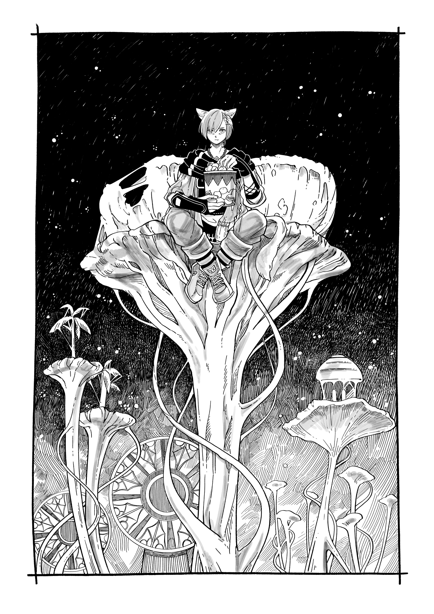 tppqqq7, g'raha tia, final fantasy, final fantasy xiv, highres, 1boy, animal ears, boots, border, bucket, cat boy, cat ears, crossed ankles, giant mushroom, greyscale, hair ornament, hatching (texture), holding, holding bucket, looking at viewer, male focus, miqo'te, monochrome, mushroom, pants, scarf, short hair, sitting, solo, straight-on, swept bangs, white border, wide shot, x hair ornament