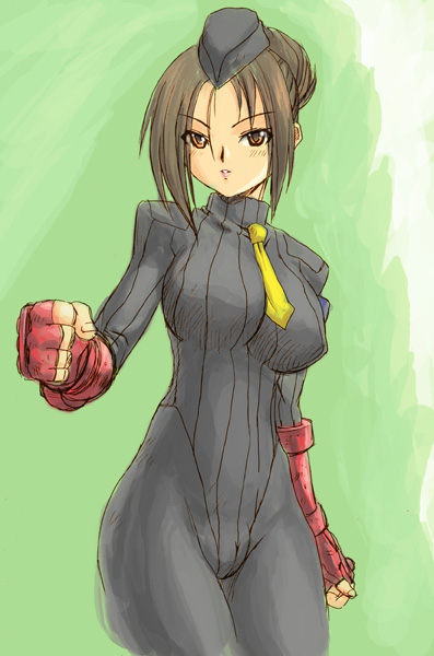 kakogawa tarou, juli (street fighter), capcom, street fighter, black headwear, 1girl, black bodysuit, blush, bodysuit, breasts, brown eyes, brown hair, fingerless gloves, gloves, green background, hair bun, hat, large breasts, military, military uniform, necktie, parted lips, red gloves, standing, teeth, yellow necktie