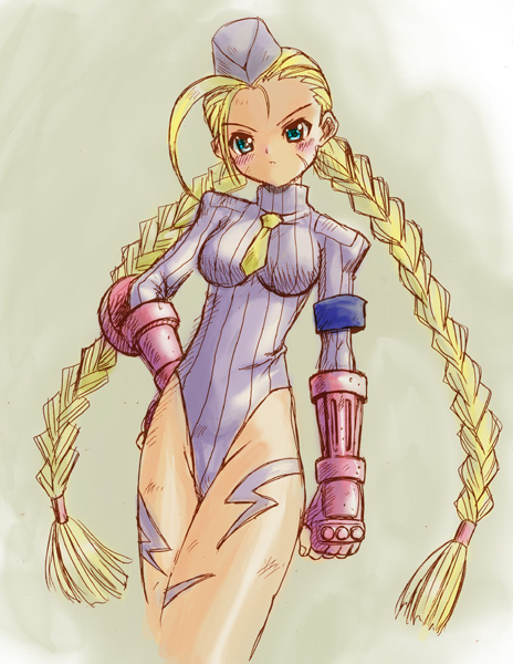 kakogawa tarou, cammy white, capcom, street fighter, grey headwear, 1girl, blonde hair, blue eyes, blush, braid, breasts, fingerless gloves, gloves, grey leotard, hand on own hip, hat, highleg, highleg leotard, leg tattoo, leotard, long hair, looking at viewer, medium breasts, military, military uniform, necktie, red gloves, standing, tattoo, twin braids, yellow necktie