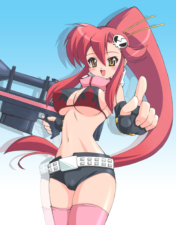 kakogawa tarou, yoko littner, tengen toppa gurren lagann, 00s, 1girl, belt, bikini, bikini top only, black bikini, black gloves, black shorts, blue background, blush, breasts, cleavage, fingerless gloves, flame print, gloves, gradient background, gun, hair ornament, hairpin, holding, index finger raised, large breasts, long hair, looking at viewer, navel, open mouth, pink scarf, pink thighhighs, ponytail, print bikini, red hair, rifle, scarf, short shorts, shorts, skull hair ornament, smile, striped clothes, striped scarf, swimsuit, thighhighs, weapon, white belt, yellow eyes