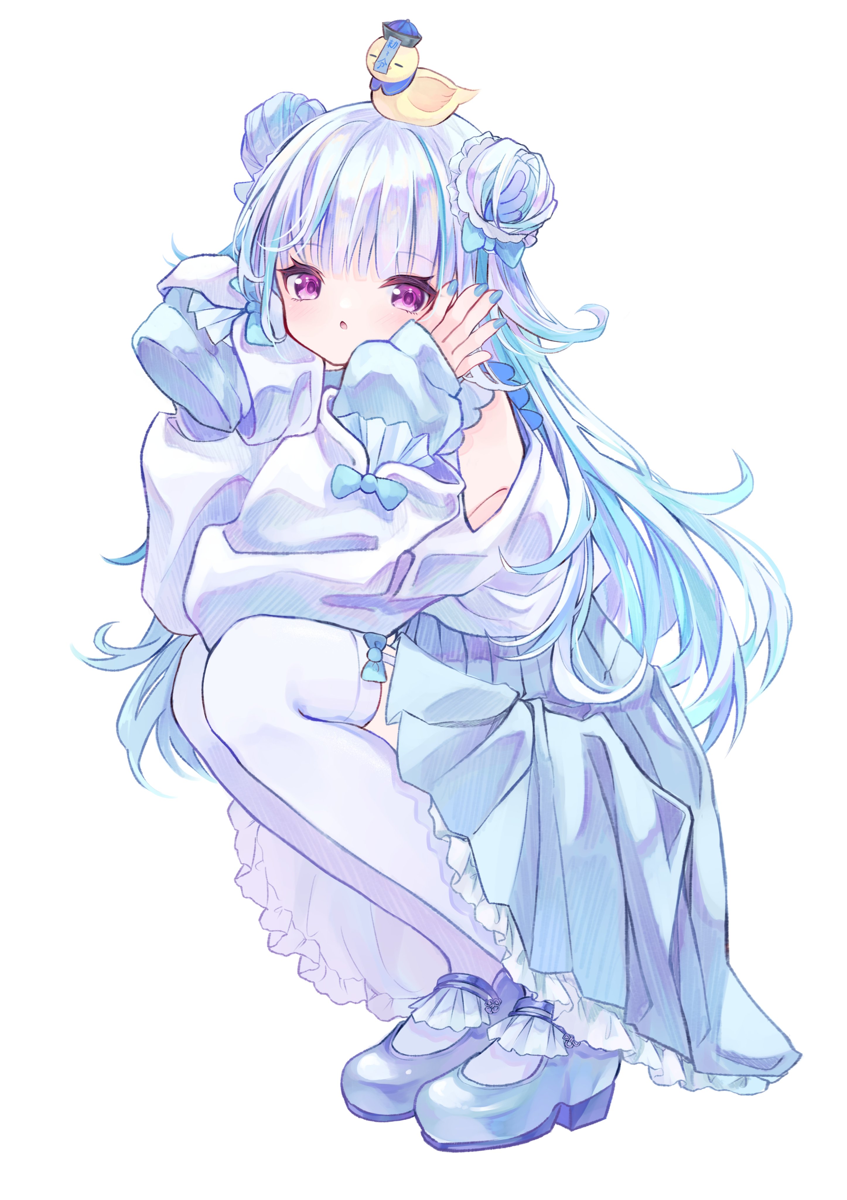 eresa, lize helesta, lize helesta (11th costume), sebastian piyodore, nijisanji, absurdres, commentary request, highres, 1girl, :o, animal, animal on head, artist name, bird, bird on head, blue bow, blue hair, blue hat, blue nails, blue shoes, blue skirt, bow, bow legwear, clothing cutout, double bun, eyelashes, frilled skirt, frills, full body, hair bow, hair bun, hand on own cheek, hand on own face, hands up, hat, high-waist skirt, high heels, light blush, long hair, looking at viewer, mary janes, miniskirt, multicolored hair, nail polish, ofuda, ofuda on head, on head, open mouth, pleated skirt, purple eyes, shirt, shoes, shoulder cutout, simple background, skirt, sleeves past fingers, sleeves past wrists, solo focus, squatting, streaked hair, thighhighs, two-tone hair, very long hair, virtual youtuber, watermark, white background, white hair, white shirt, white thighhighs, yellow bird