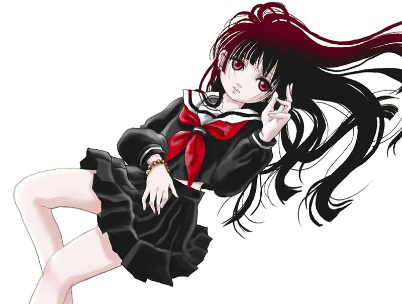enma, jigoku shoujo, tagme, 00s, 1girl, female focus, long hair, looking at viewer, red eyes, school uniform, serafuku, simple background, solo, white background