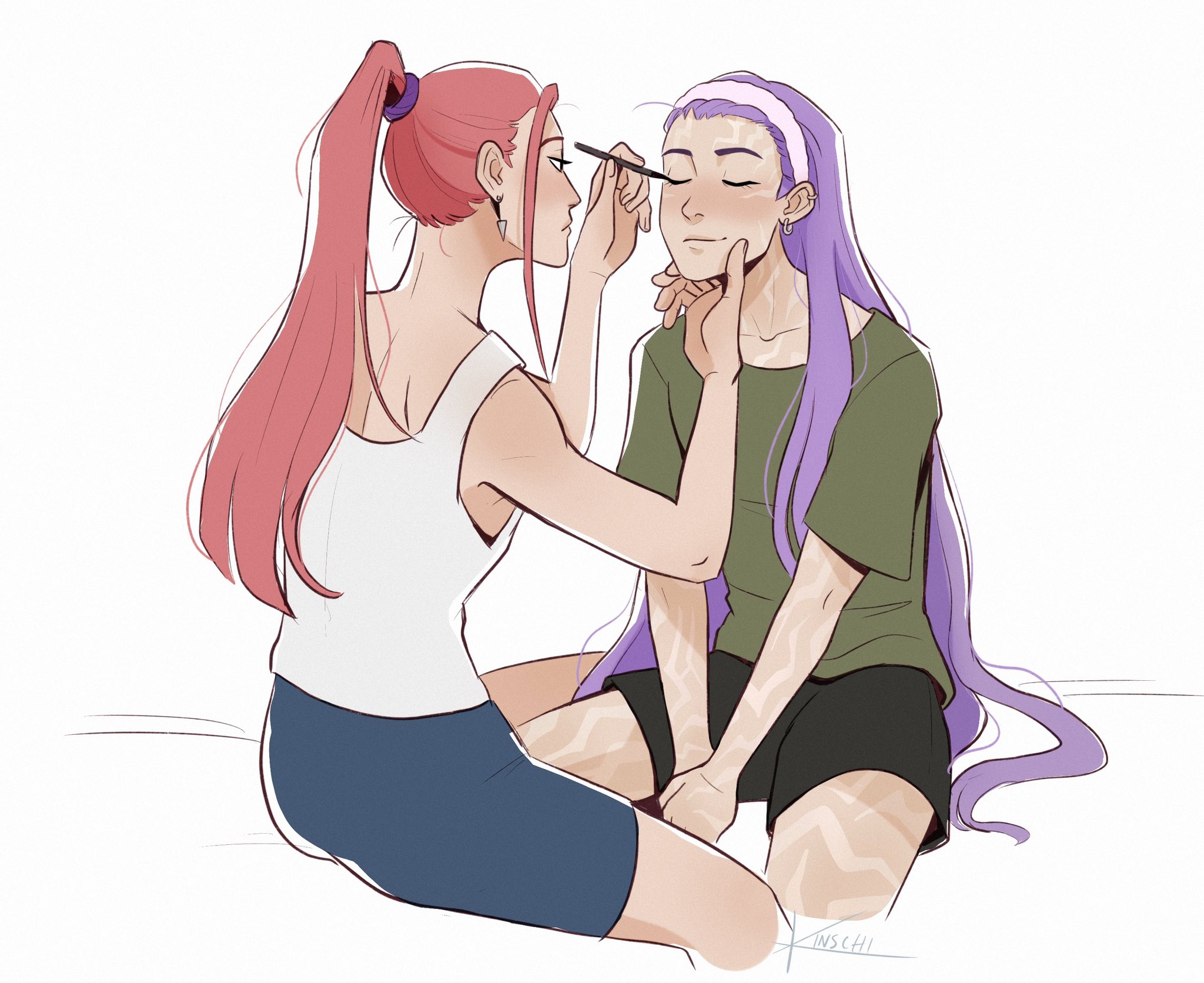 kinschi, mira (kpop demon hunters), rumi (kpop demon hunters), kpop demon hunters, commentary, english commentary, highres, 2girls, applying another's makeup, applying makeup, black shorts, body markings, closed eyes, earrings, facial mark, holding, jewelry, lone nape hair, long hair, multiple girls, pink hair, ponytail, purple hair, shorts, sidelocks, sitting, smile, tank top, white tank top