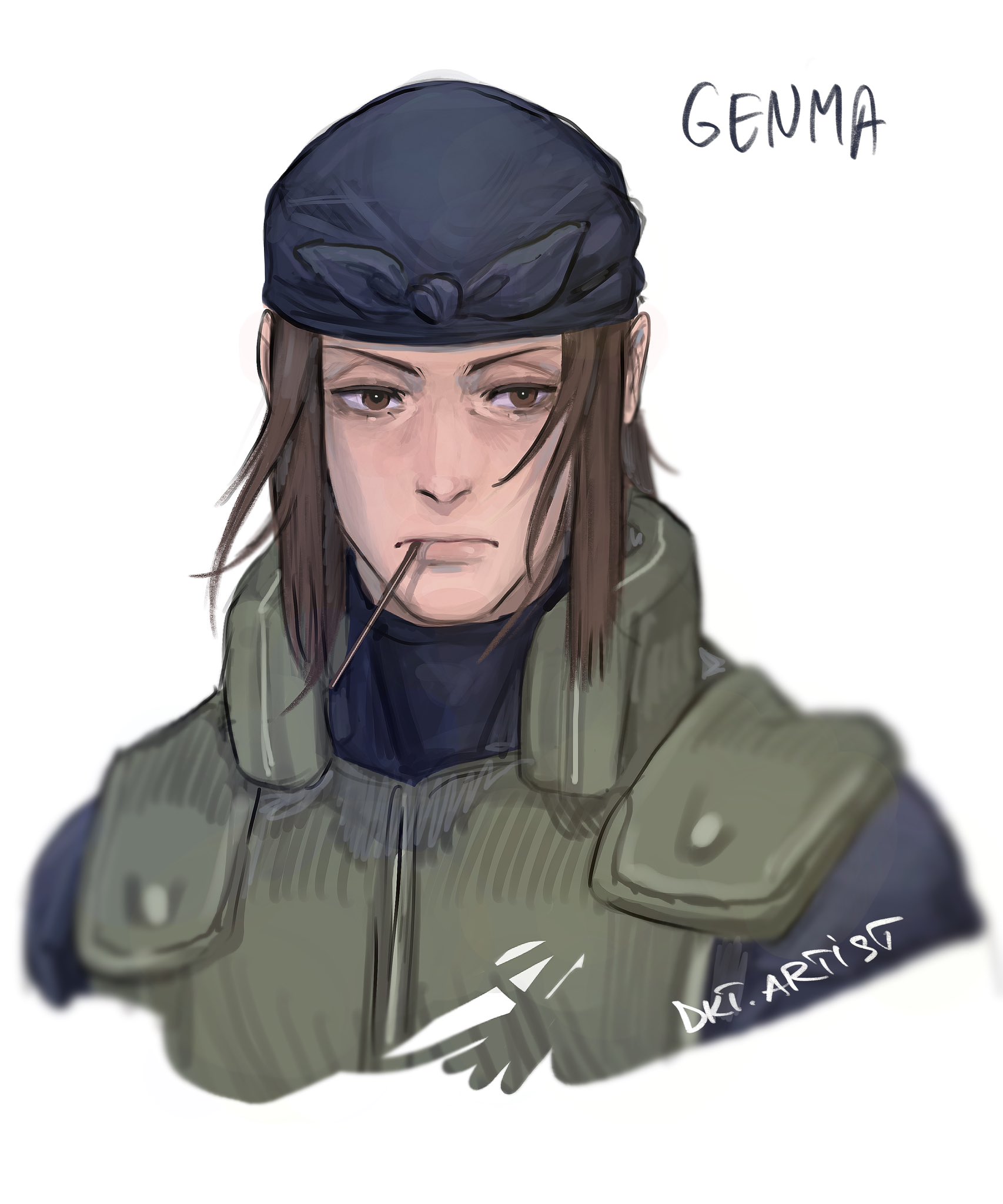 artistdkt, shiranui genma, naruto (series), highres, 1boy, artist name, bandana, brown eyes, brown hair, character name, closed mouth, flak jacket, green jacket, jacket, konohagakure shinobi uniform, looking at viewer, male focus, mouth hold, short hair, simple background, solo, toothpick, upper body, white background