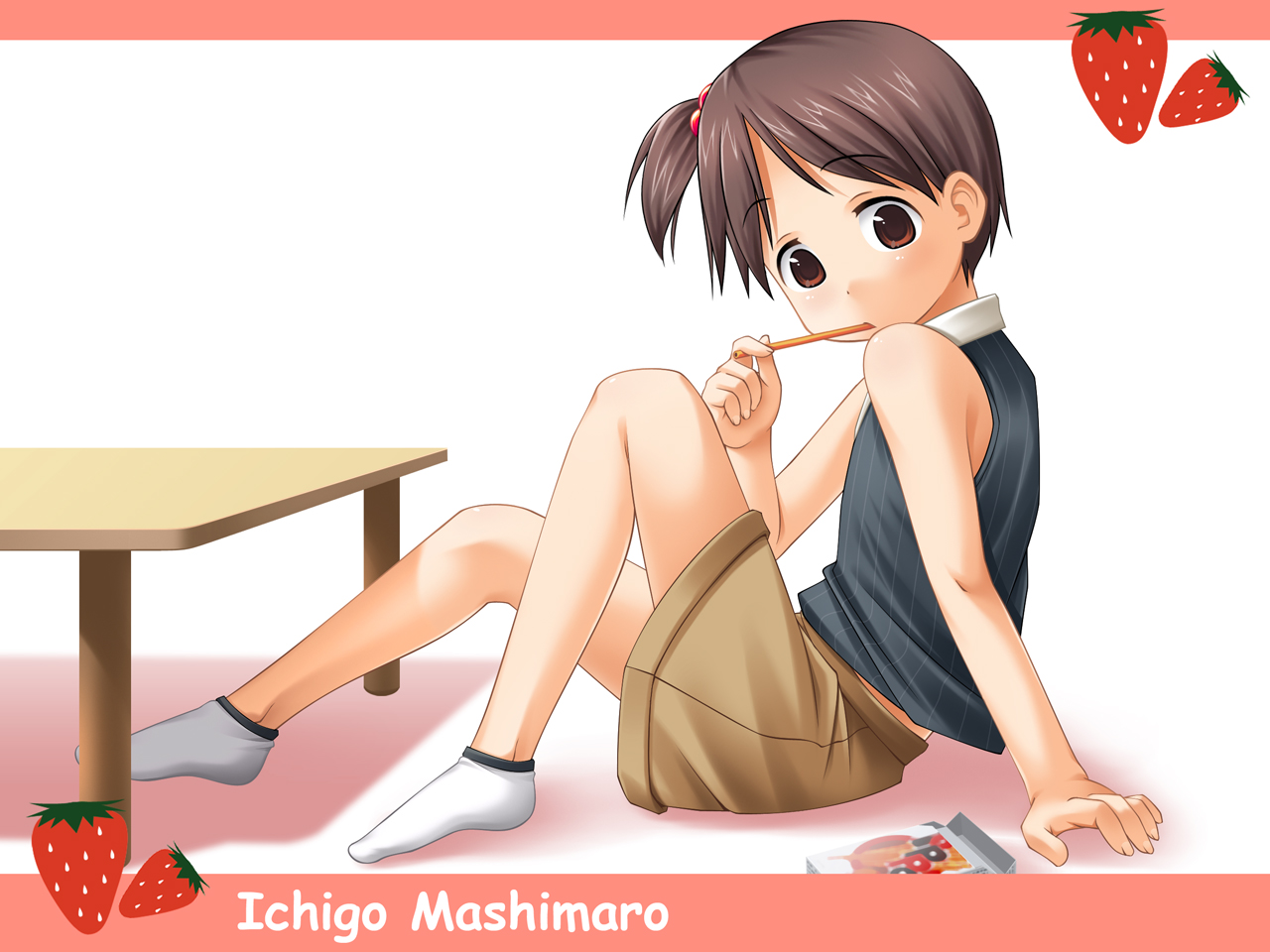 ichigo mashimaro, brown eyes, child, food, fruit, socks, strawberry, withe