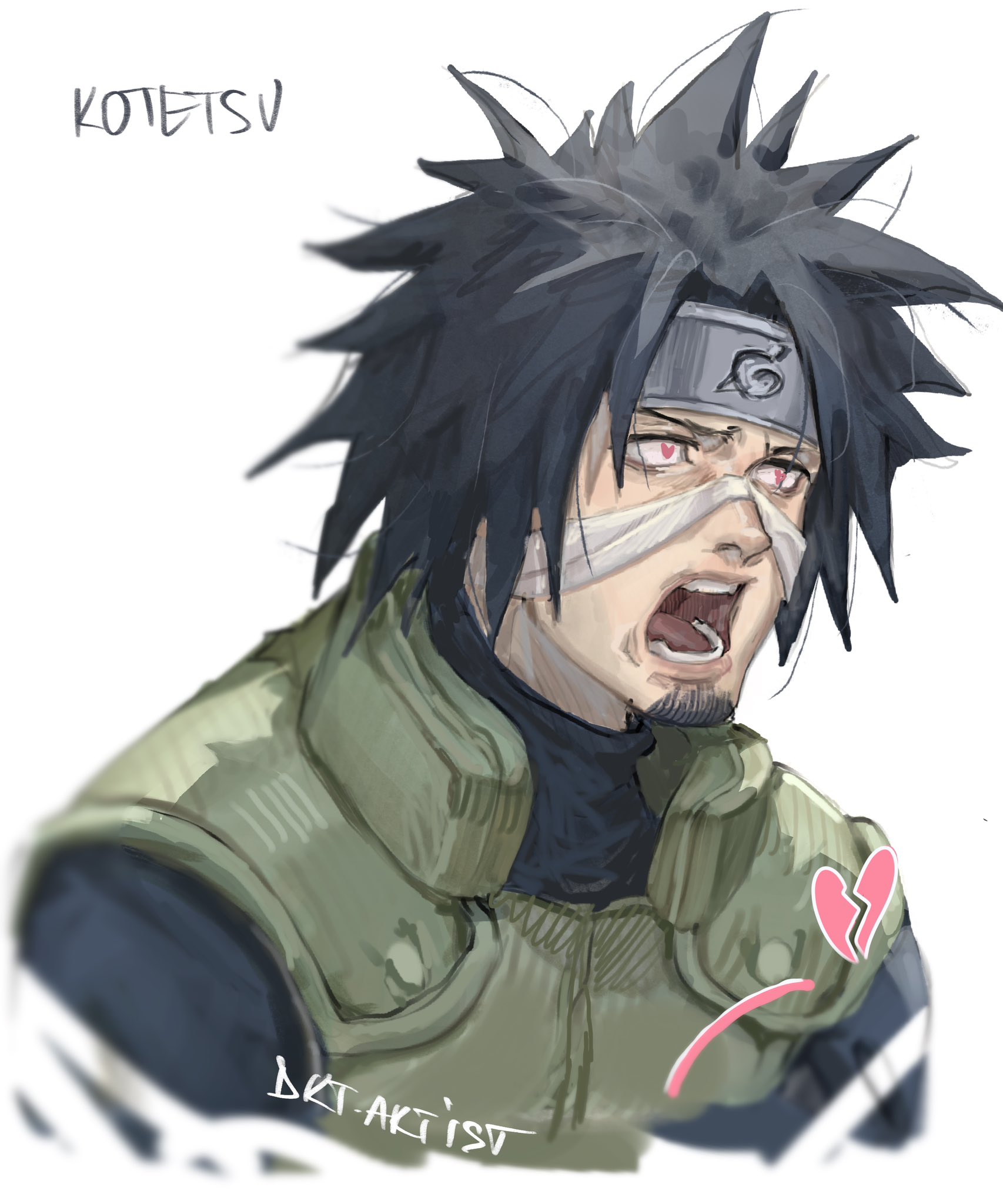 artistdkt, hagane kotetsu, naruto (classic), naruto (series), highres, 1boy, bandages, black hair, broken heart, facial hair, flak jacket, forehead protector, goatee, heart, jacket, konohagakure shinobi uniform, konohagakure symbol, lips, male focus, nose, open mouth, red eyes, short hair, simple background, solo, spiked hair, teeth, upper body, white background