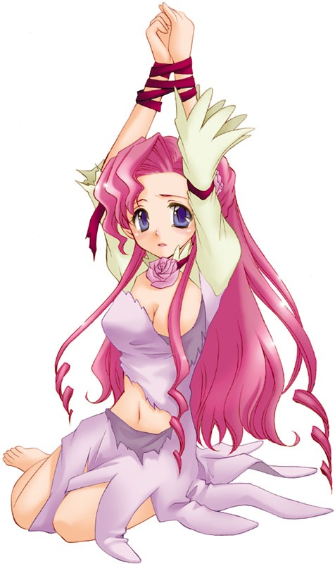 euphemia li britannia, code geass, 00s, 1girl, bdsm, bondage, bound, breasts, female focus, flower, full body, navel, pink hair, plant, simple background, sitting, solo, torn clothes, white background