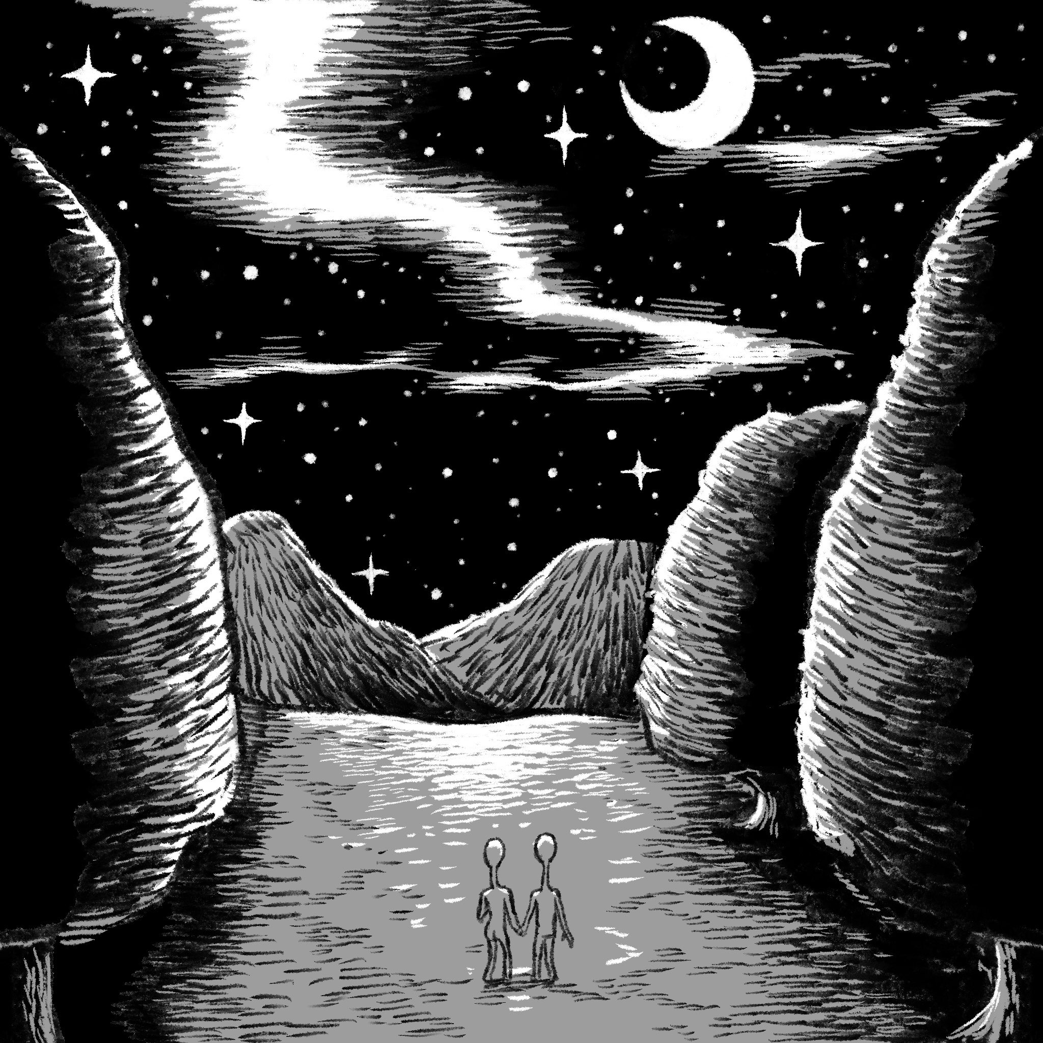 imamura takaya, original, commentary request, highres, 2others, alien, crescent moon, greyscale, holding hands, monochrome, moon, mountain, multiple others, sky, star (sky), starry sky, tree
