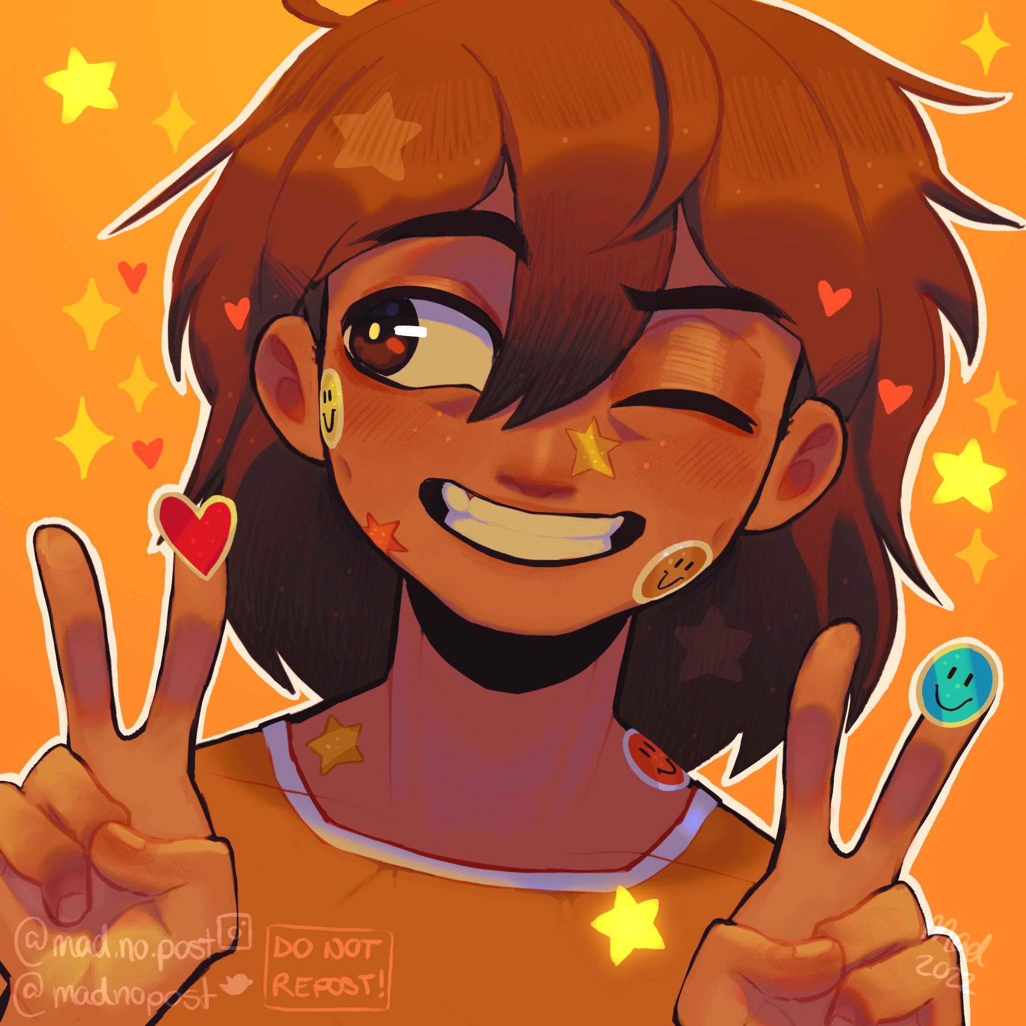 madnopost, kel (faraway) (omori), kel (omori), omori, highres, 1boy, artist name, brown eyes, brown hair, collarbone, double-parted bangs, double v, grin, hair between eyes, heart, instagram username, looking to the side, male focus, one eye closed, open mouth, orange background, short hair, simple background, smile, solo, star (symbol), sticker, sticker on face, teeth, twitter username, upper body, v