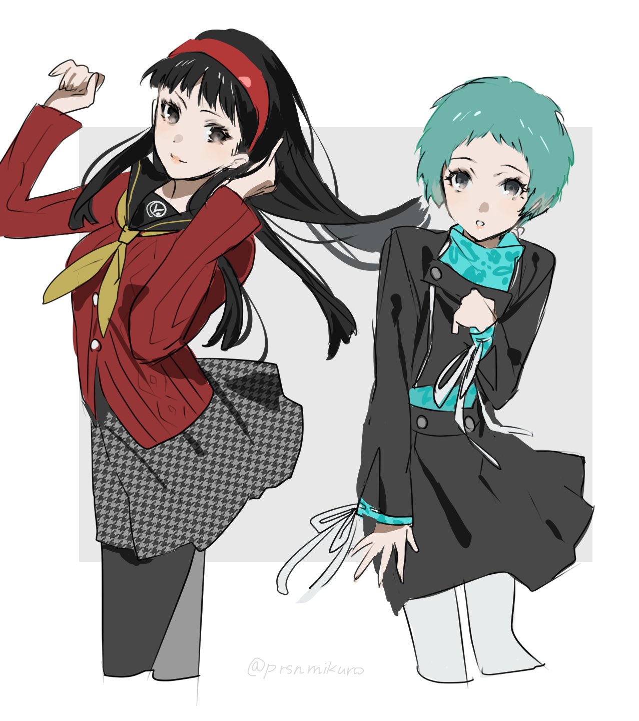 prsnmikuro, amagi yukiko, yamagishi fuuka, persona, persona 3, persona 4, highres, 2girls, aqua hair, black hair, black jacket, black pantyhose, black skirt, buttons, closed mouth, cowboy shot, grey eyes, grey pantyhose, grey skirt, hairband, hands up, jacket, long hair, looking at viewer, multiple girls, pantyhose, parted lips, red hairband, red jacket, short hair, skirt, smile