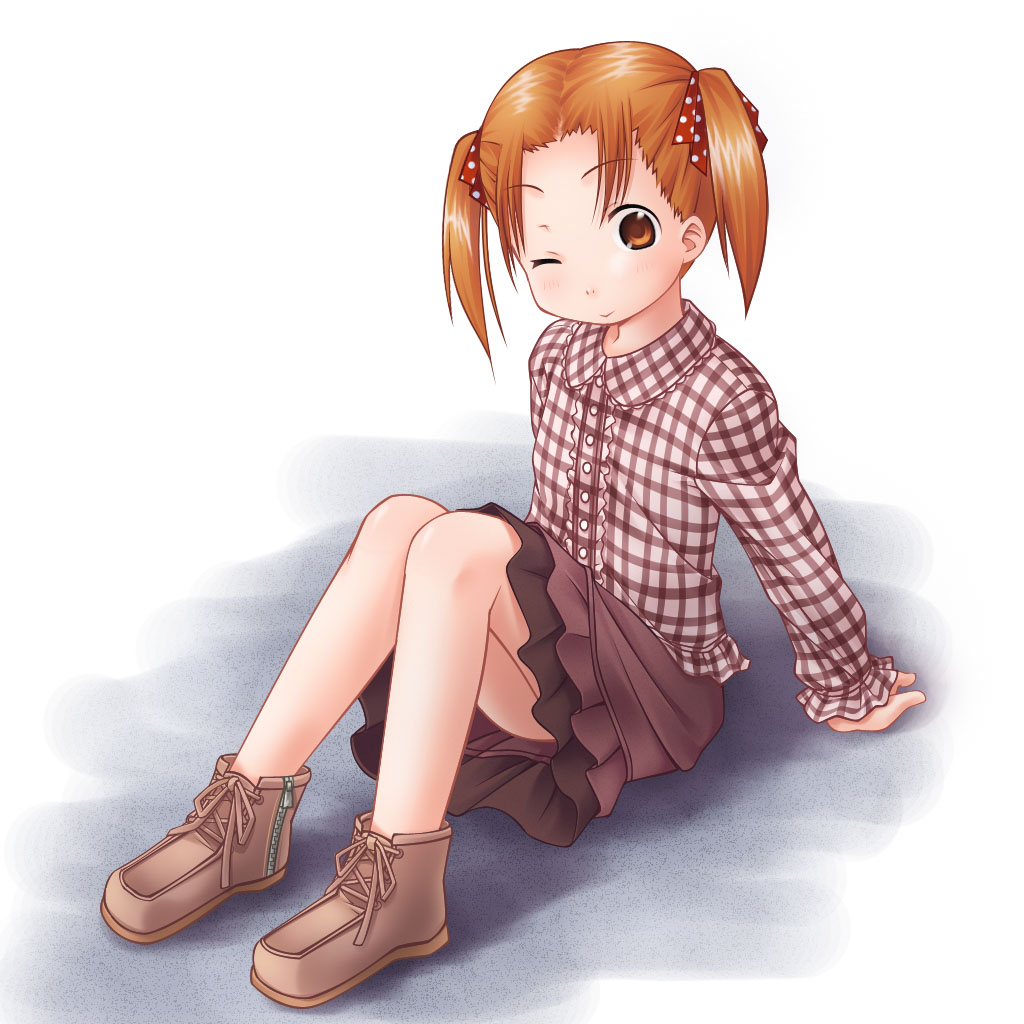 natsukon, matsuoka miu, ichigo mashimaro, 1girl, brown eyes, brown hair, child, female focus, hair ribbon, ribbon, skirt, solo, twintails