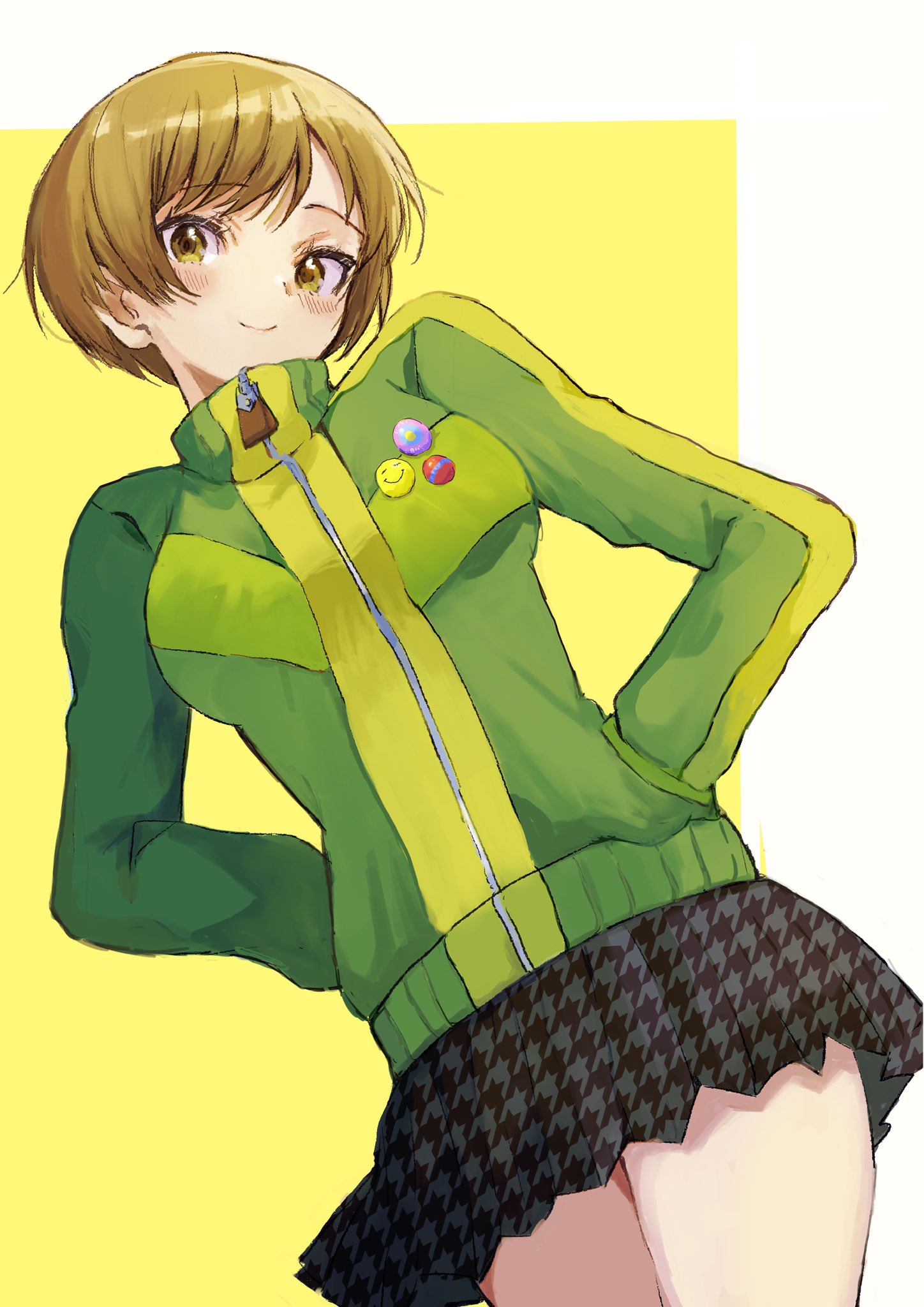 kanna nijiniji, satonaka chie, persona, persona 4, commentary request, highres, revision, 1girl, arms behind back, badge, black skirt, breasts, brown eyes, brown hair, button badge, closed mouth, cowboy shot, green jacket, hands in pockets, high collar, houndstooth, jacket, light blush, looking at viewer, medium breasts, short hair, skirt, smile, solo, zipper pull tab