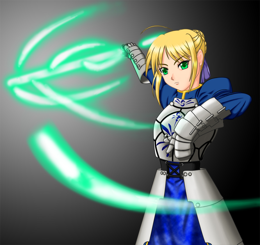 artoria pendragon (fate), saber (fate), fate/stay night, fate (series), tagme, 00s, 1girl, ahoge, armor, blonde hair, female focus, gauntlets, gradient background, green eyes, hair ornament, looking at viewer, simple background, solo, standing, upper body