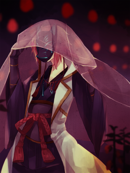 wane (ruki), ragnarok online, 1boy, black gloves, black kimono, blurry, blurry background, coat, cowboy shot, fox mask, gloves, japanese clothes, kagerou (ragnarok online), kimono, male focus, mask, masked, open clothes, open coat, pink hair, purple background, shawl, short hair, sleeveless, sleeveless coat, solo, white coat
