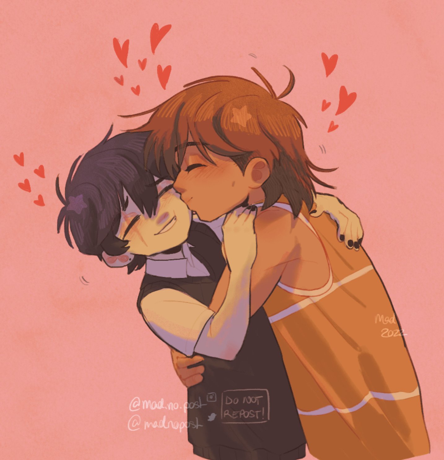 madnopost, kel (faraway) (omori), kel (omori), sunny (omori), omori, highres, 2boys, artist name, black hair, black nails, black sweater vest, closed eyes, collared shirt, dark-skinned male, dark skin, double-parted bangs, hair between eyes, heart, kiss, kissing cheek, male focus, multiple boys, parted lips, pink background, scar, scar across eye, scar on face, shirt, short hair, short sleeves, simple background, sweater vest, yaoi