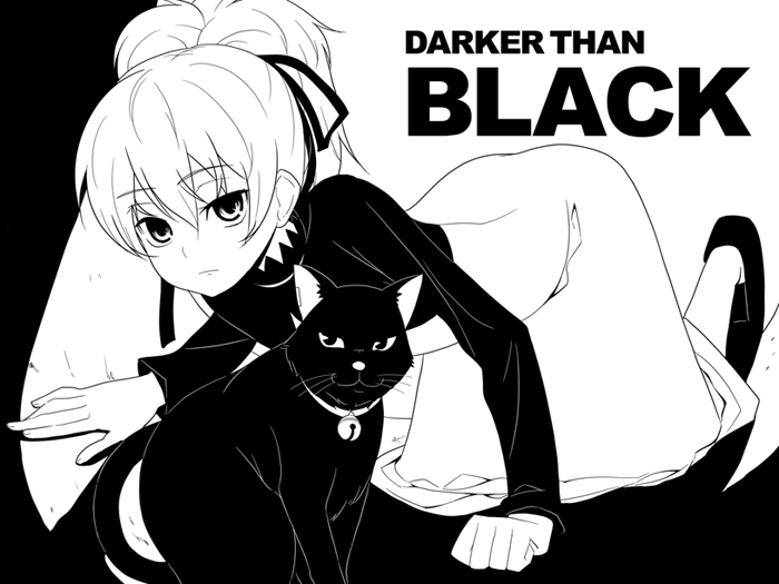 b-ginga, mao (darker than black), yin (darker than black), darker than black, 00s, 1girl, all fours, black cat, cat, female focus, greyscale, monochrome, solo