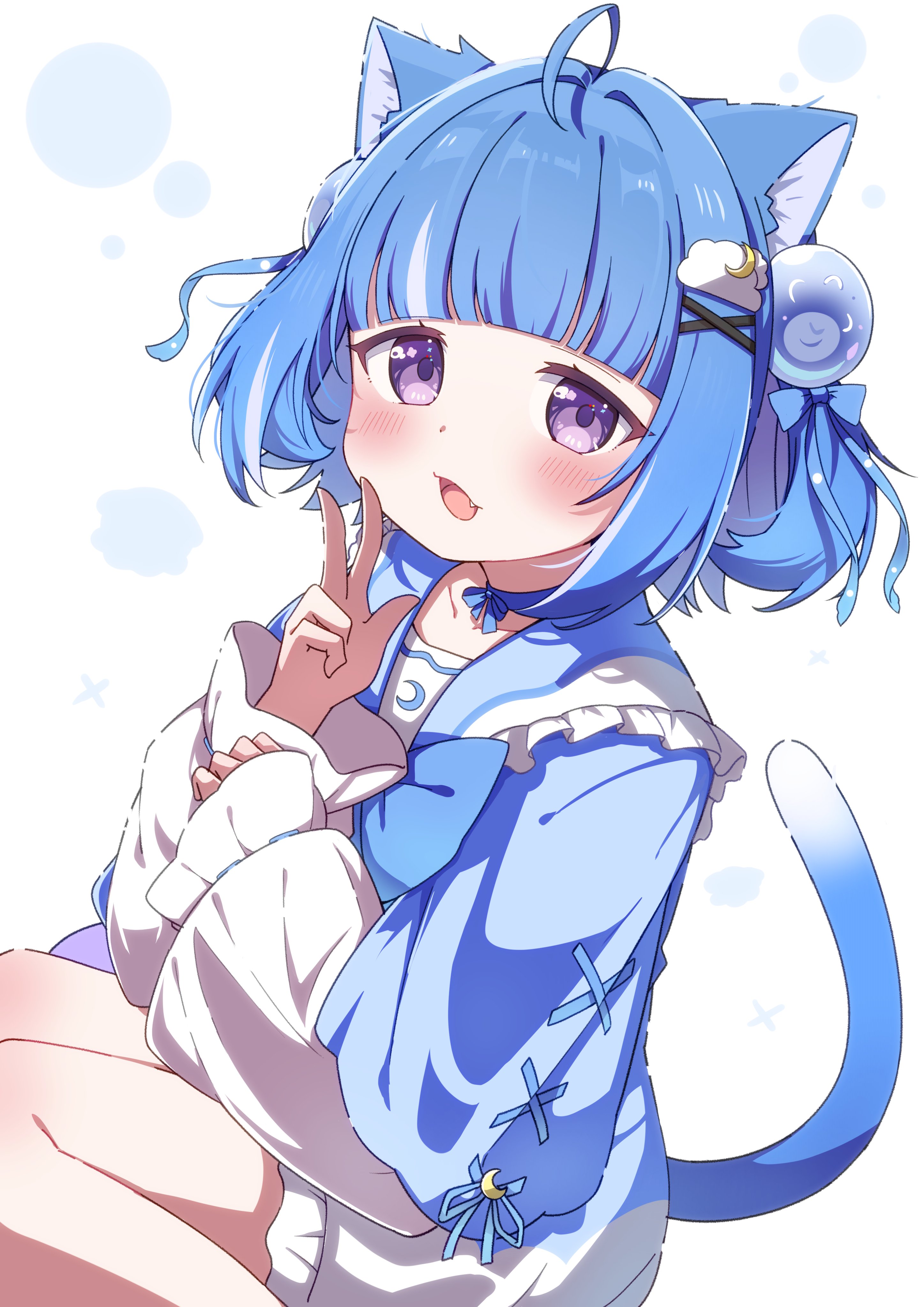 okota mikan, kurageu roa, indie virtual youtuber, absurdres, commentary request, highres, 1girl, ahoge, animal ear fluff, animal ears, blue choker, blue dress, blue hair, blue sailor collar, blush, cat ears, cat girl, cat tail, choker, collarbone, dress, fang, feet out of frame, frilled sailor collar, frills, hair intakes, hair ornament, hairclip, long sleeves, looking at viewer, open mouth, puffy long sleeves, puffy sleeves, purple eyes, sailor collar, sleeves past wrists, solo, tail, virtual youtuber, white background, x hair ornament