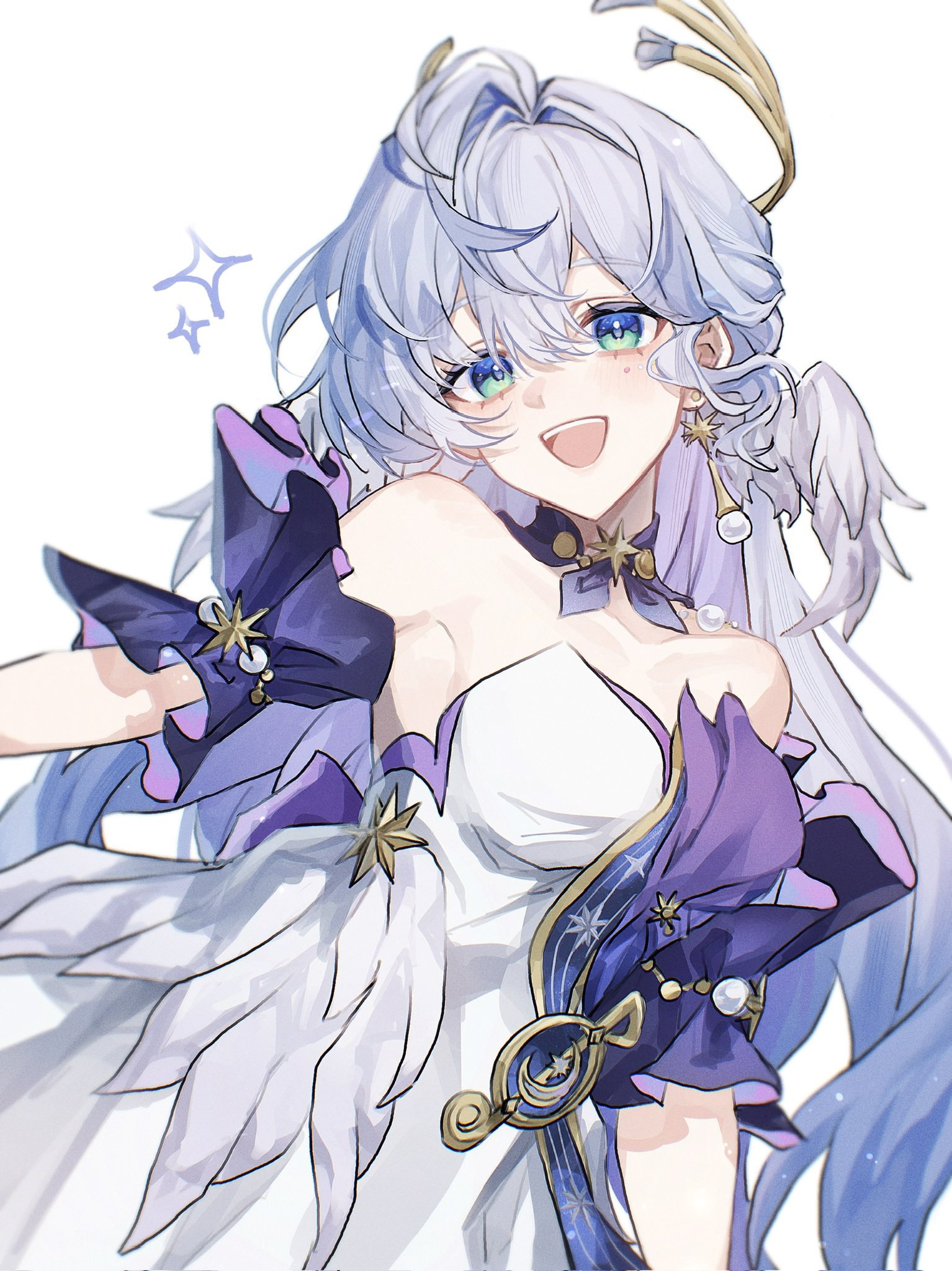 robin (honkai: star rail), honkai: star rail, honkai (series), commentary request, highres, 1girl, bare shoulders, breasts, collarbone, dress, fz7047, grey hair, grey wings, halo, head wings, long hair, looking at viewer, mole, mole under eye, simple background, solo, sparkle, teeth, upper teeth only, white background, white dress, wings