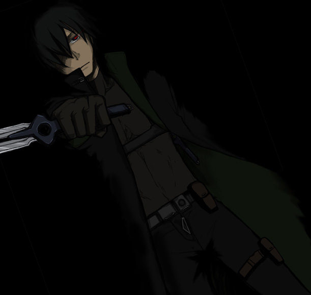 hei (darker than black), darker than black, 00s, 1boy, belt, black gloves, black hair, black theme, coat, gloves, hair over one eye, knife, male focus, red eyes, solo, thigh strap, trench coat, turtleneck, weapon