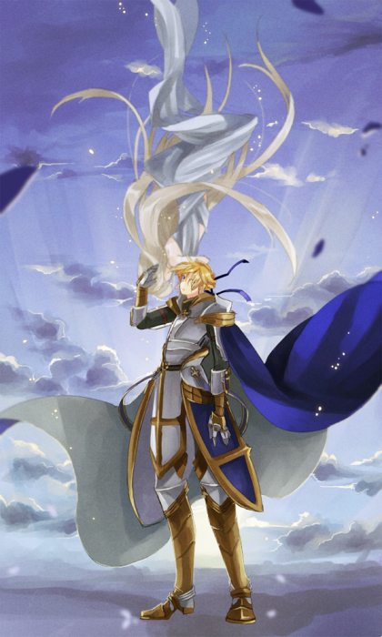 wane (ruki), royal guard (ragnarok online), ragnarok online, 1boy, 1girl, armor, armored boots, blonde hair, blue cape, blue sky, boots, breastplate, cape, closed mouth, cloud, expressionless, faulds, full body, gauntlets, hand on another's head, leg armor, long hair, looking at another, official alternate costume, pauldrons, short hair, shoulder armor, sky, standing, upside-down