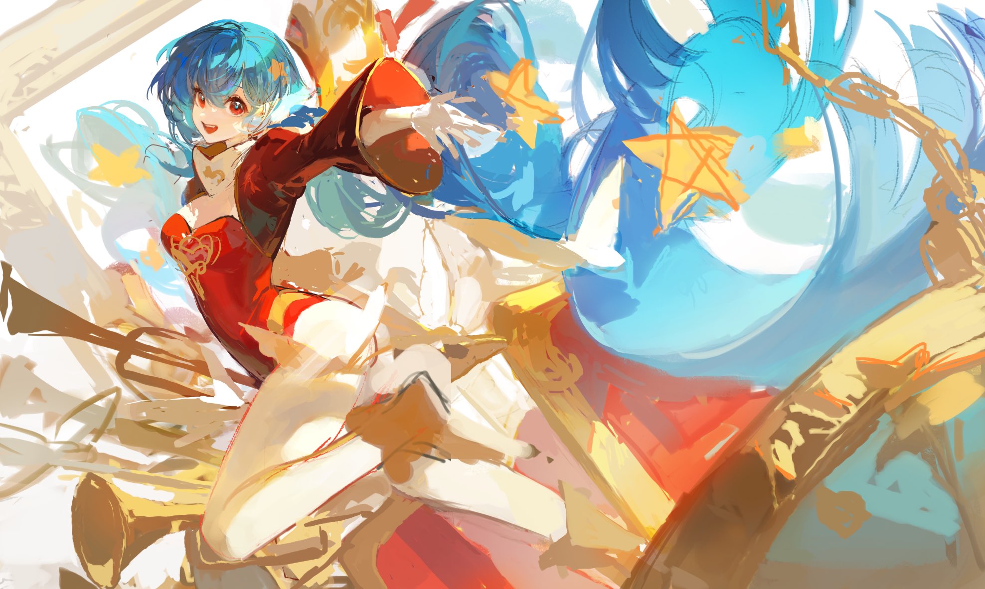 hayamafair, character request, copyright request, highres, 1girl, breasts, chain, crossed bangs, detached sleeves, hair between eyes, hair ornament, instrument, leotard, long hair, looking at viewer, medium breasts, open mouth, outstretched arm, red eyes, red leotard, smile, solo, star (symbol), star hair ornament, teeth, trumpet, upper teeth only, very long hair, wide sleeves