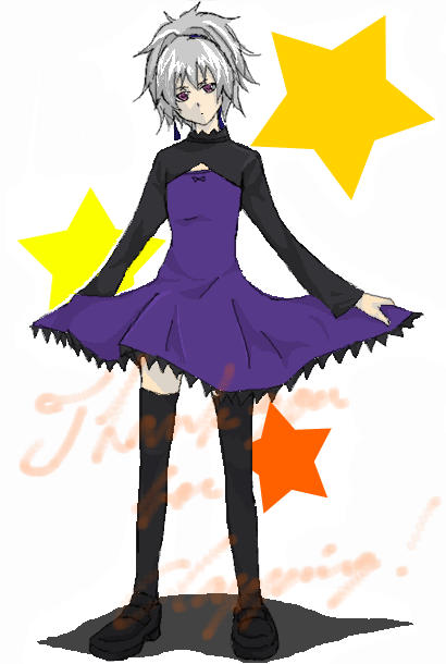 yin (darker than black), darker than black, 00s, 1girl, dress, female focus, full body, grey hair, hair ribbon, long sleeves, maroon eyes, ponytail, purple dress, ribbon, solo, standing, star (symbol), text focus, thighhighs