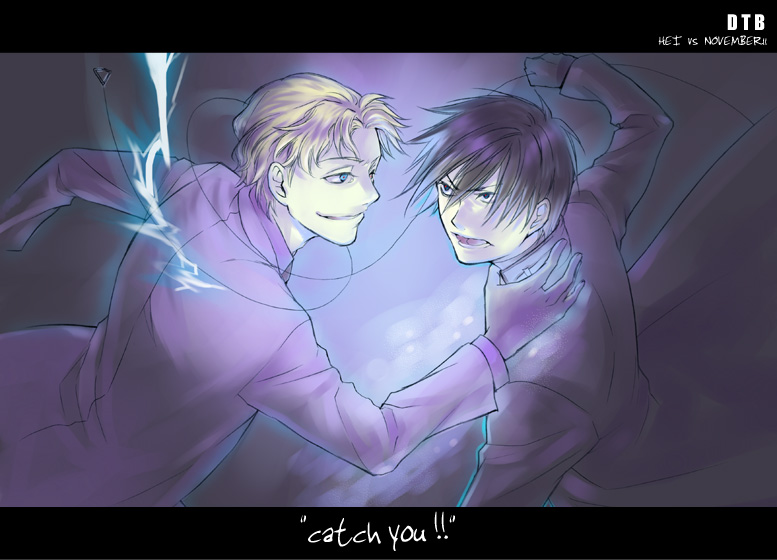 hei (darker than black), november 11 (darker than black), darker than black, 00s, 2boys, angry, black eyes, black gloves, black hair, blonde hair, blue eyes, character name, electricity, fighting, gloves, glowing, ice, jacket, male focus, multiple boys, open mouth, smile, text focus, weapon, wire