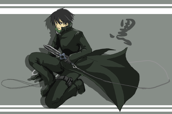 hei (darker than black), darker than black, 00s, 1boy, black gloves, black hair, coat, gloves, knife, male focus, solo, squatting, thigh strap, trench coat, weapon