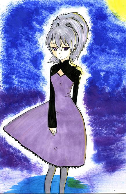 yin (darker than black), darker than black, 00s, 1girl, dress, female focus, grey hair, long sleeves, night, ponytail, purple dress, purple eyes, ripples, solo, standing, water
