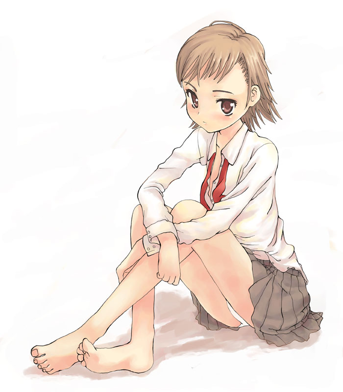yamamoto shima, 1girl, barefoot, breasts, brown eyes, brown hair, feet, female focus, full body, legs, panties, pantyshot, petite, school uniform, serafuku, short hair, sitting, small breasts, solo, thighs, underwear, white background