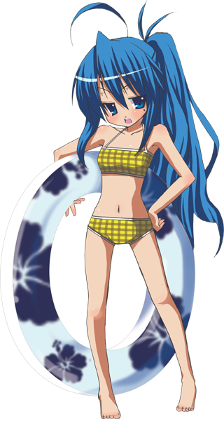 chinchickrin, izumi konata, lucky star, 00s, 1girl, ahoge, alternate eye color, alternate hairstyle, barefoot, bikini, blue eyes, blue hair, blush, female focus, hand on own hip, innertube, long hair, matching hair/eyes, mole, mole under eye, navel, open mouth, plaid bikini, plaid clothes, ponytail, solo, swim ring, swimsuit, tankini, yellow bikini