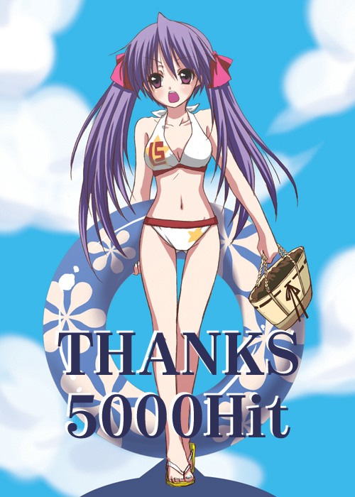chinchickrin, hiiragi kagami, lucky star, 00s, 1girl, bag, bikini, blush, breasts, female focus, flip-flops, full body, innertube, large breasts, long hair, milestone celebration, nail polish, navel, open mouth, purple hair, sandals, solo, swim ring, swimsuit, thank you, toenail polish, toenails, twintails, walking