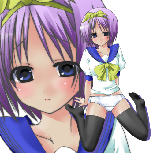 hiiragi tsukasa, lucky star, lowres, non-web source, 00s, arm support, blue eyes, blush, bow, hairband, kneeling, no pants, panties, purple hair, school uniform, serafuku, short hair, solo, thighhighs, underwear, zoom layer