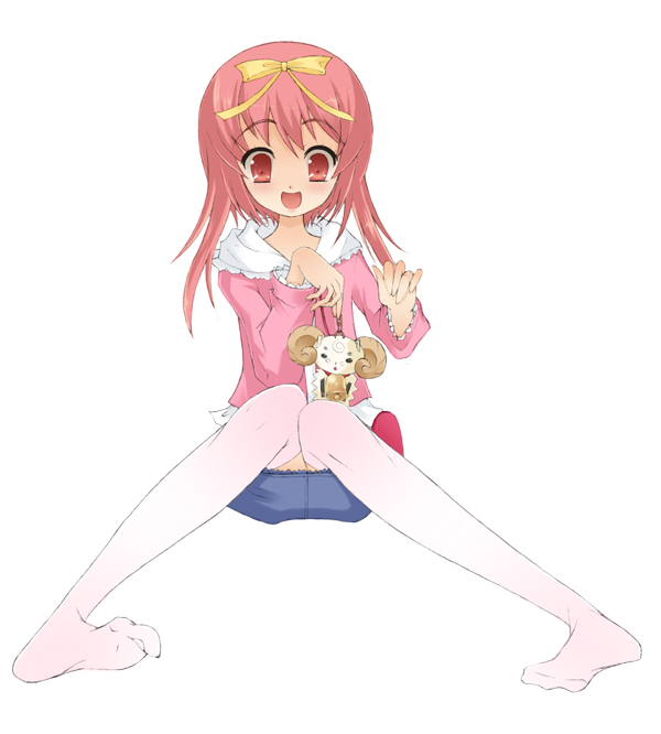 noi (noi 2y), akihime sumomo, yuki-chan, nanatsuiro drops, 00s, 1girl, :d, blush, collarbone, female focus, long hair, long sleeves, looking at viewer, open mouth, orange hair, panties, pink thighhighs, red eyes, simple background, smile, solo, thighhighs, underwear, white background