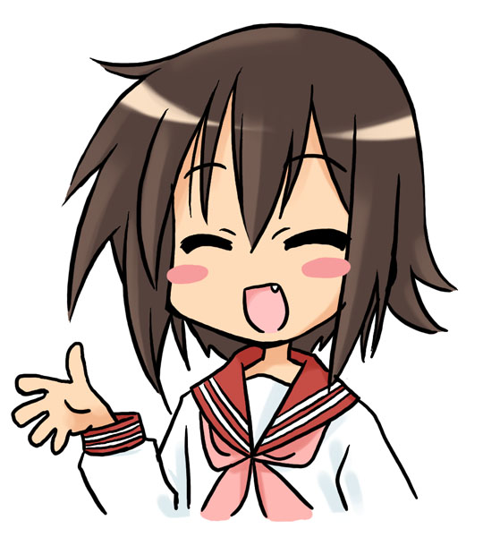 kamia (not found), kusakabe misao, lucky star, 00s, 1girl, blush, brown hair, fang, female focus, long sleeves, neckerchief, pink neckerchief, sailor collar, school uniform, serafuku, short hair, simple background, solo, waving, white background