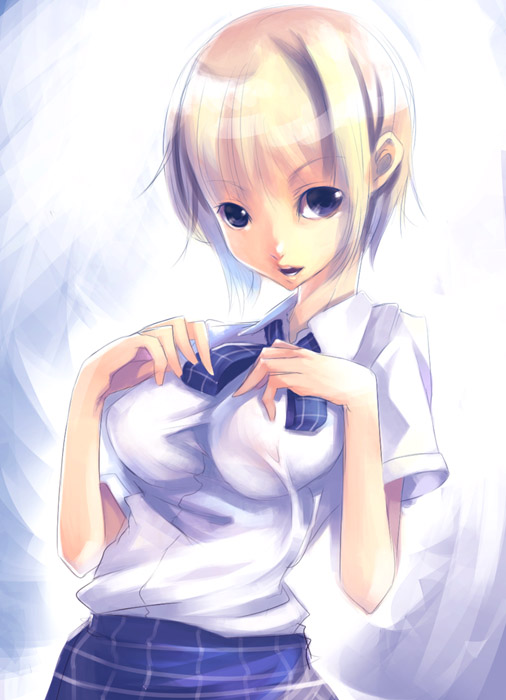 mikage sekizai, 1girl, blonde hair, blue eyes, blue skirt, breasts, collared shirt, cowboy shot, emblem, female focus, large breasts, looking at viewer, plaid clothes, plaid skirt, school uniform, serafuku, shirt, short hair, simple background, skirt, solo, white background, white shirt