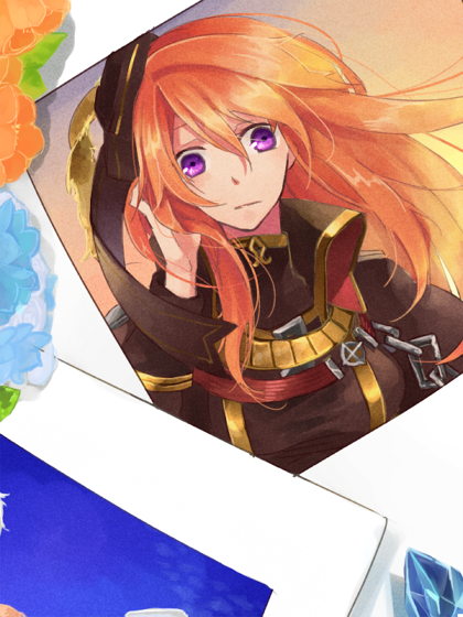 wane (ruki), rebellion (ragnarok online), ragnarok online, commentary request, 1girl, black bow, black coat, bow, closed mouth, coat, hair bow, hand in own hair, long hair, long sleeves, looking at viewer, military uniform, orange hair, photo (object), purple eyes, smile, solo, upper body