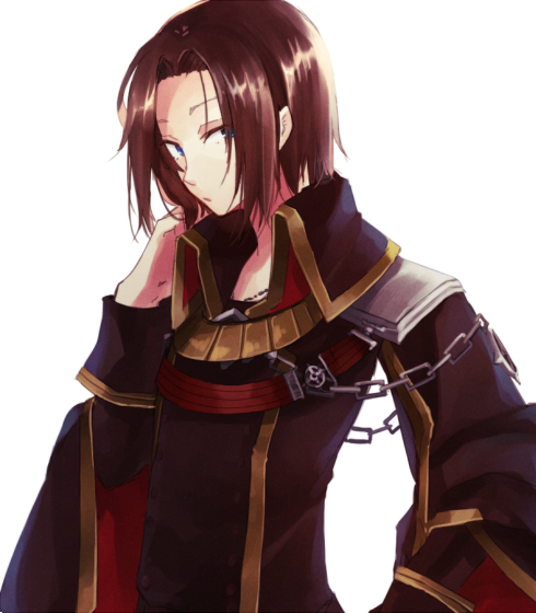 wane (ruki), rebellion (ragnarok online), ragnarok online, commentary request, 1boy, black coat, blue eyes, brown hair, chain, coat, epaulettes, expressionless, gold trim, looking at viewer, male focus, military uniform, open mouth, parted bangs, simple background, solo, upper body, white background