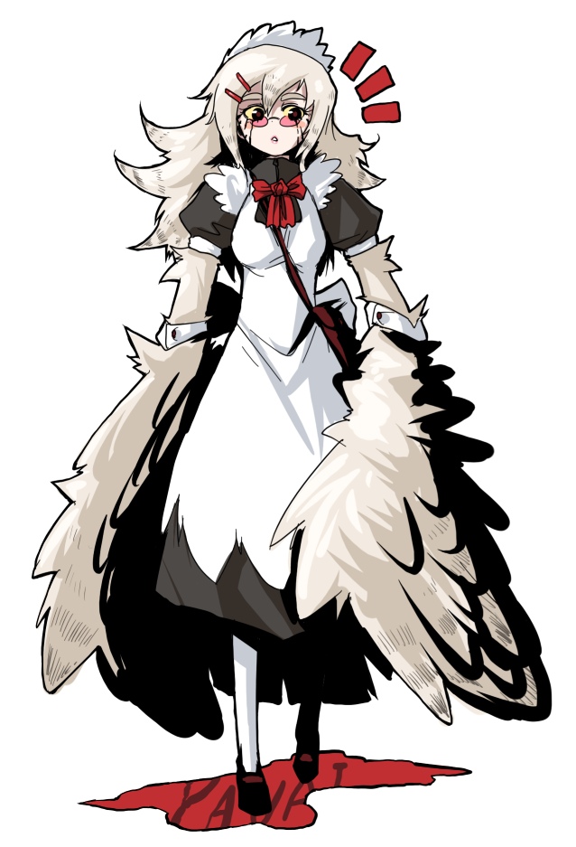 yabai, futaba channel, nijiura, nijiura maids, 1girl, blonde hair, blood, female focus, glasses, harpy, maid, monster girl, solo, winged arms, wings
