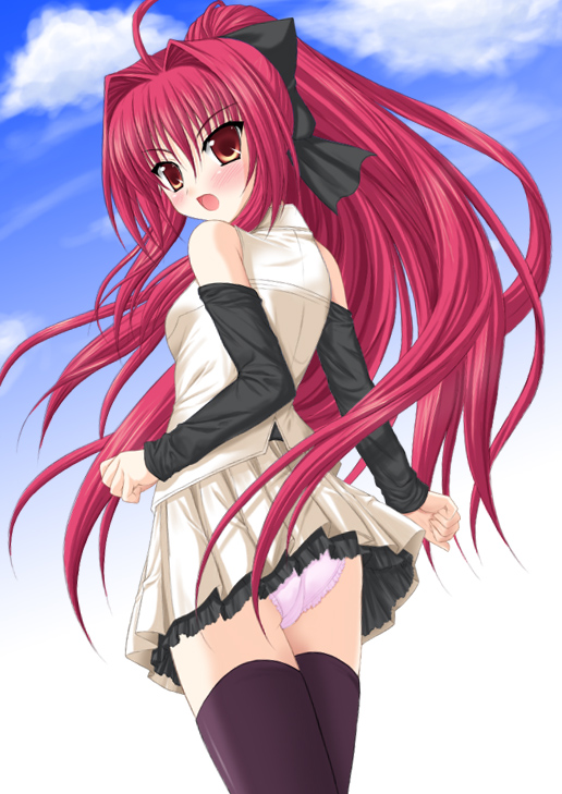 minamori noeru, 1girl, black thighhighs, blush, clothes lift, cloud, detached sleeves, female focus, hair ribbon, long hair, outdoors, panties, pantyshot, red hair, ribbon, skirt, skirt lift, sky, solo, standing, thighhighs, underwear
