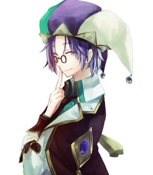 wane (ruki), genetic (ragnarok online), ragnarok online, commentary request, 1boy, black-framed eyewear, brown cape, cape, closed eyes, closed mouth, collared shirt, glasses, green shirt, hat, index finger raised, jacket, jester cap, male focus, official alternate costume, pince-nez, purple hair, purple hat, shirt, short hair, simple background, smile, solo, upper body, white background, white hat, white jacket