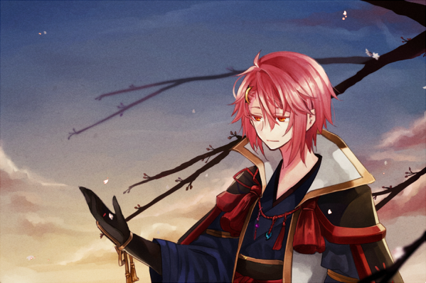 wane (ruki), ragnarok online, commentary request, 1boy, armor, bare tree, black gloves, blue kimono, closed mouth, cloud, coat, gloves, hair between eyes, hand up, japanese armor, japanese clothes, kagerou (ragnarok online), kimono, kote, male focus, open clothes, open coat, outdoors, pink hair, red eyes, short hair, smile, solo, tree, upper body, white coat