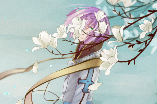 wane (ruki), arch bishop (ragnarok online), ragnarok online, commentary request, 1boy, blue background, branch, closed mouth, expressionless, flower, green eyes, jacket, looking at viewer, male focus, purple hair, short hair, solo, upper body, white flower, white jacket