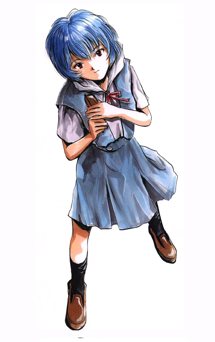 ayanami rei, neon genesis evangelion, highres, 1girl, blue hair, female focus, red eyes, school uniform, serafuku, solo