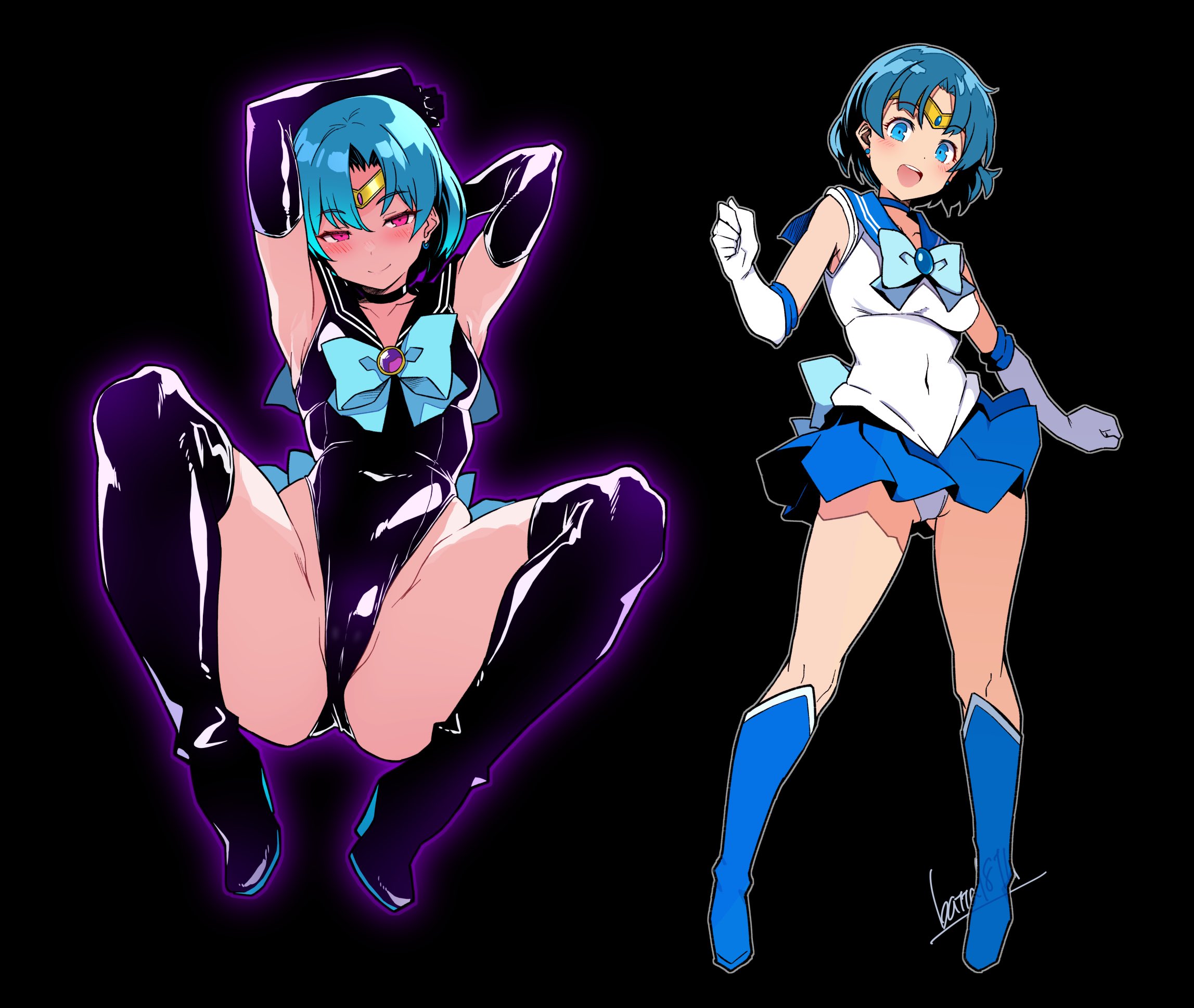 batta 16-sei, mizuno ami, sailor mercury, bishoujo senshi sailor moon, highres, back bow, before and after, black boots, black choker, black gloves, black leotard, blue brooch, blue choker, blue eyes, blue hair, blue sailor collar, blue skirt, blush, boots, bow, cameltoe, choker, circlet, corruption, earrings, elbow gloves, gloves, high heels, highleg, highleg leotard, jewelry, knee boots, leotard, purple brooch, purple eyes, sailor collar, sailor senshi uniform, shirt, short hair, skirt, smile, solo, stud earrings, thick thighs, thigh boots, thighs, white gloves, white shirt