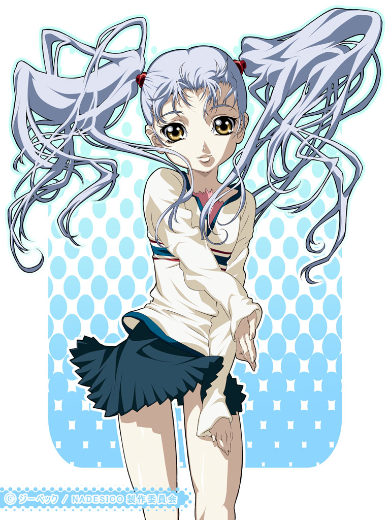 gotou keiji, hoshino ruri, kidou senkan nadesico, 1girl, blue hair, copyright name, female focus, long hair, long sleeves, skirt, solo, twintails