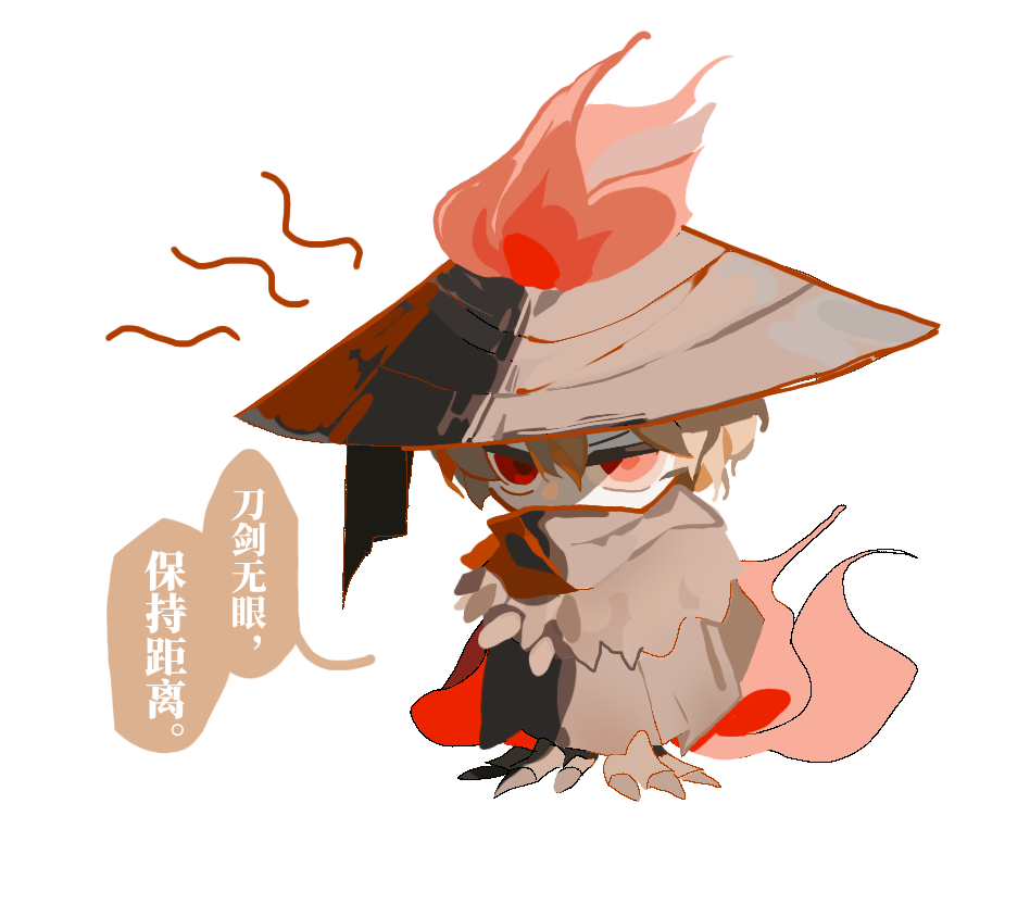 sinclair (project moon), limbus company, project moon, chinese commentary, 1boy, blonde hair, brown cloak, brown scarf, chibi, chibi only, chinese text, cloak, full body, haichuxingxing, hat, heishou pack-you branch (identity) (project moon), male focus, red eyes, rice hat, scarf, short hair, simple background, speech bubble, white background